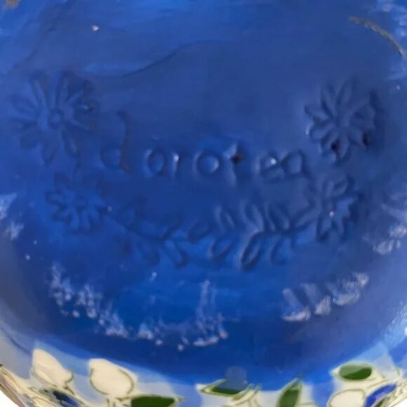 dorotea CAROLINA SILVA hand painted ceramic vase etched white flowers on blue - Picture 9 of 11